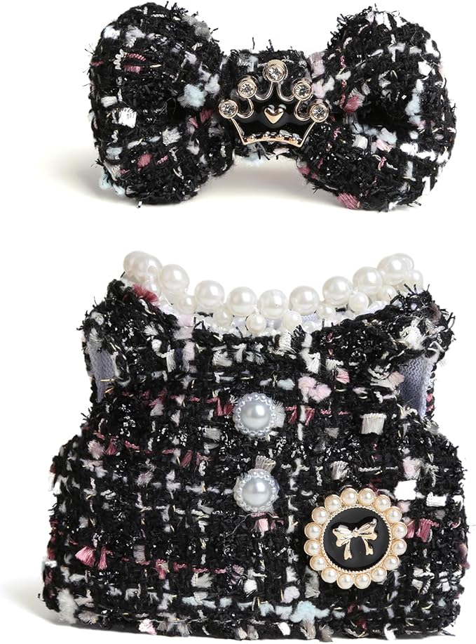 17cm Doll Clothes for Labubu - Luxury Chic Style Set for 17cm Dolls Outfit - Accessories for Dolls Clothes -Black Plaid Tweed Dress + Black Bow (No Doll)