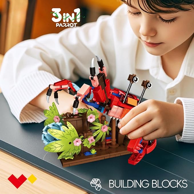 3 in 1 Parrot Building Block Set, Creative Animal Flower Construction Toy for Kids, Transform into Parrot, Chameleon & Crab Figures – Ideal for Home Decor & Creative Gifts
