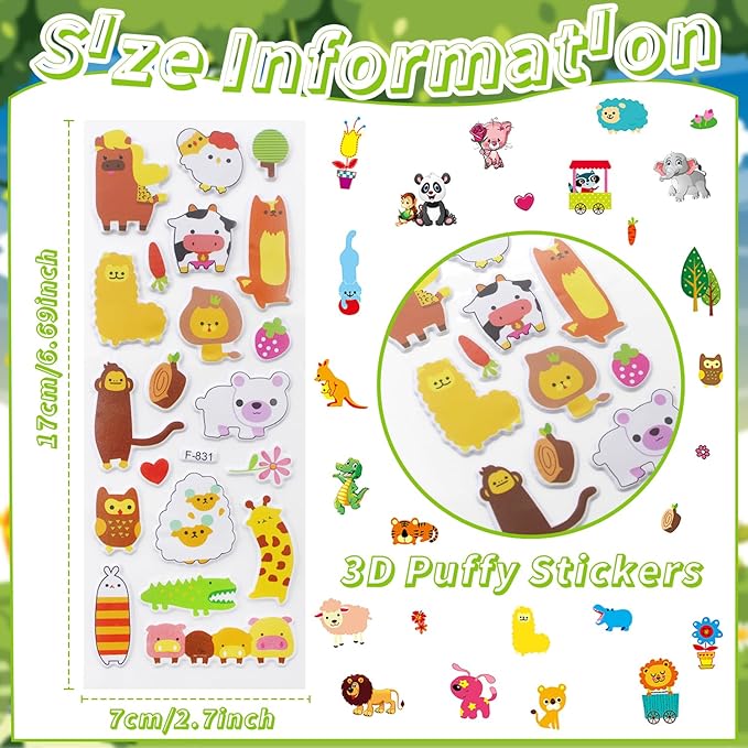 36 Sheets Animal Stickers for Kids - 900+ 3D Puffy Stickers Jungle & Farm Theme | Lion, Panda, Elephant, Giraffe | Reusable, Waterproof | Crafts, Scrapbooking, Party Favors
