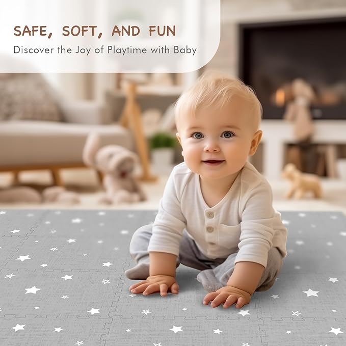 Extra Large Baby Play Mat - 4FT x 6FT Non-Toxic Foam Puzzle Floor Mat for Kids & Toddlers (Grey/White Star)
