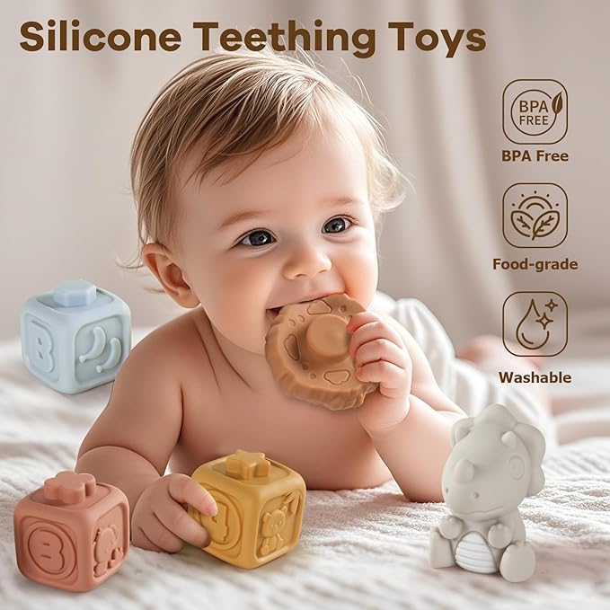 Stacking Rings & Nesting Building Blocks for Babies 6 12 18 Months, 14 Pcs Soft Stacker Teething Toys with 2 Dinosaur, Montessori Learning Toys for Infant Toddler Boys Girls