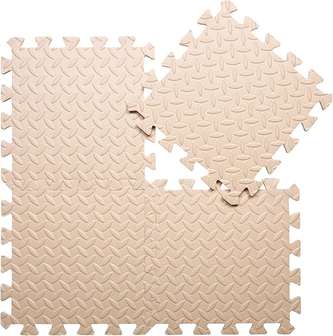 Coolcandy EVA Foam Play Mat, 16 Tiles Colorful Baby Play Mat, Square Kids Playmat with Solid Colored, 0.4" Thickened Interlocking Foam Floor Tiles, Puzzle Play Mat for Baby Lying, Playing (Beige)