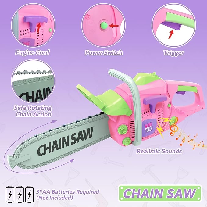 Kids Tool Set for Girls - Toddler Tool Set with Toy Chainsaw, Electric Toy Drill, Pretend Play Construction Tools Toy Gifts for Kids Aged 3 4 5 6 7