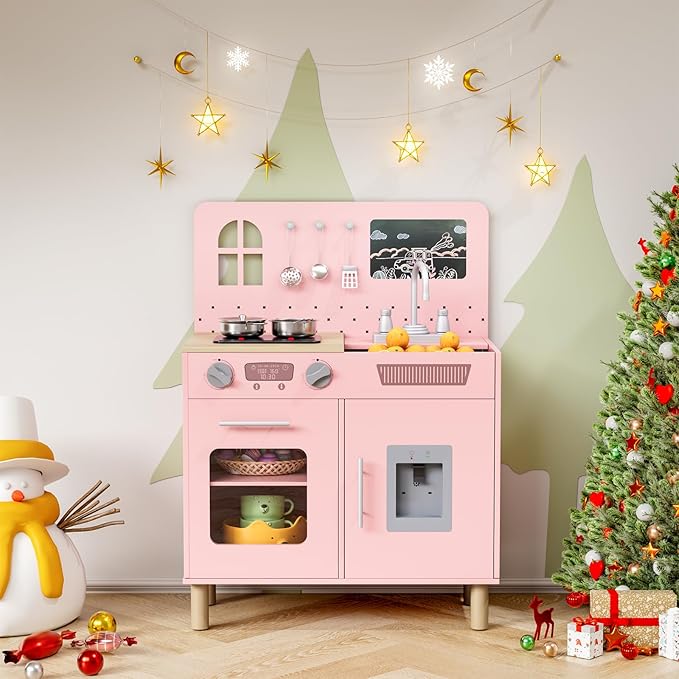 MAMIZO Wooden Kids Play Kitchen Set with Real Lights & Sounds, Interactive Pretend Kitchen with Knob Sounds, Sink, Water Dispenser, 6 Pcs Cookware & Chalkboard Panel for Toddlers and Children (Pink)