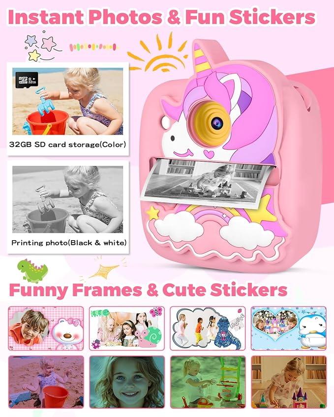 Kids Camera Instant Print, Christmas Birthday Gifts for Girls Age 3-8, 48MP &1080P Children Camera with Photo Paper, Portable Toy Instant Camera for Kids 3 4 5 6 7 8 9 10 Year Old Girls