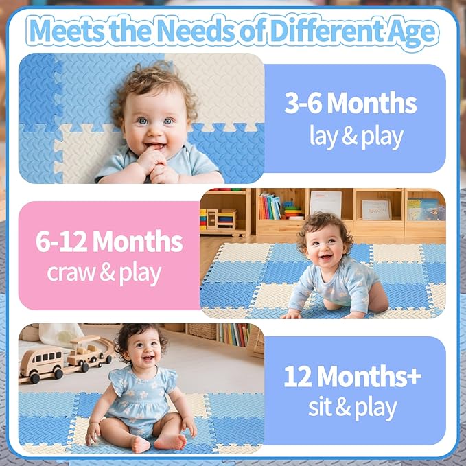 Foam Play Mat for Baby, 0.4 Inch Thick Foam Interlocking Floor Mats, Soft Non-Toxic Baby Playmat, Solid Colored Puzzle Play Mat Kids Floor Mats for Toddler, 16 Tiles(White/Light Blue/Blue)