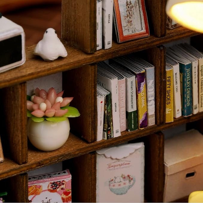 CUTEROOM DIY Doll House Miniature Furniture Wooden House Kit with Dust Cover & LED Light and Accessories-Leisure Moment