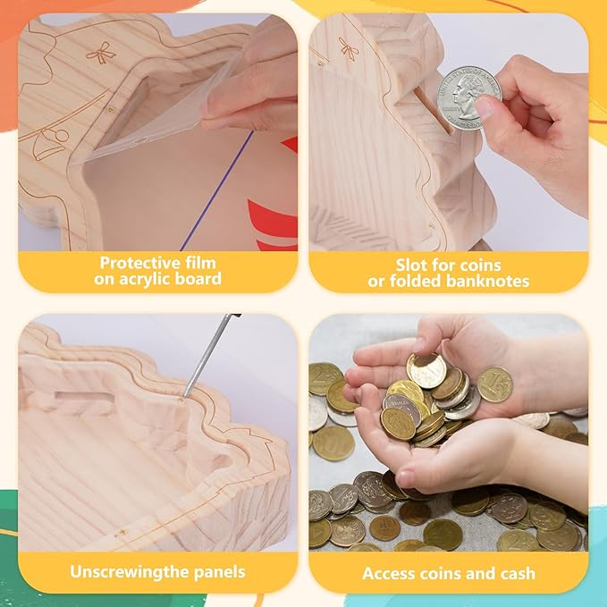 Wooden Piggy Bank for Kids, DIY Night Light Personalized Money Bank for Boy, Girl, Unbreakable Saving Box with Paintbrush and 12 Paints, Coin Jar Gift for kids Birthday&Decor (Xmas-tree）