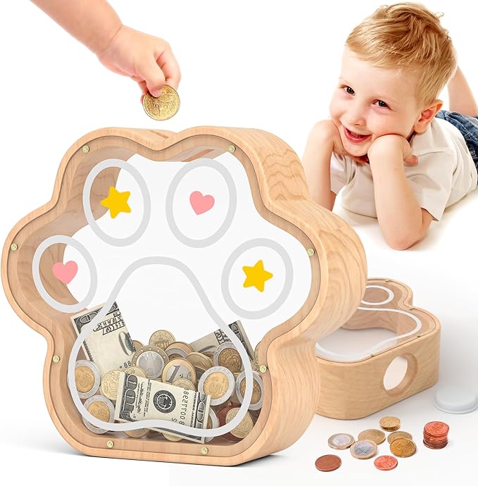 KMC Large Wooden Cat Caw Piggy Bank, Dog Paw Saving Money Box for Boy Clear Piggy Bank for Girl Large Initial Coin Bank Personalized Gift for Birthday and Festival(Natural)
