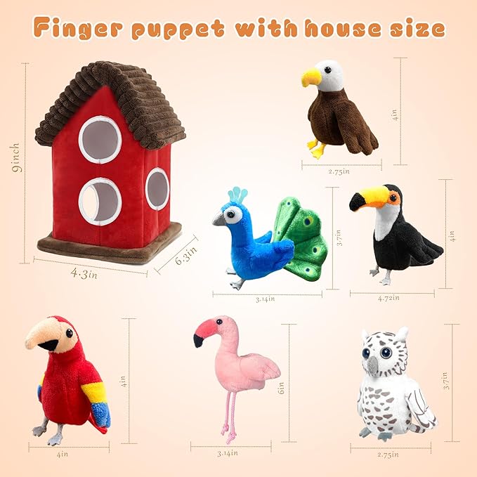 6pcs Birds Finger Puppets Bringing a House, Novelty Animals Toys Puppet for Kids, Storytelling Role-Playing Plush Finger Puppets Gifts for Boys and Girls