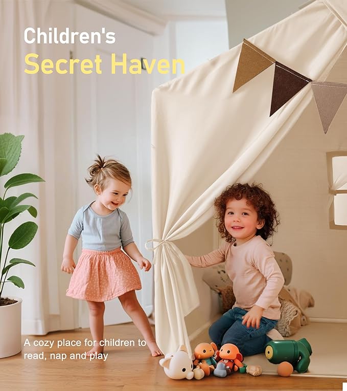 Kids Tent, Play Tent with Star Lights, Large Play Tents with 2 Windows, Kids Playhouse Indoor & Outdoor, Reading Nook, Christmas Toddler Tents for Girls & Boys, 52" x35" x 51", Cream