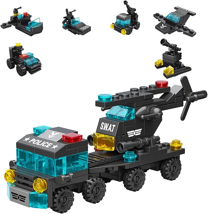 Special Police Building Blocks Toy - 7 in 1 Transformable Police Car Set, SWAT Truck & Helicopter STEM Toys for Kids Ages 6-12, Creative Birthday Gifts for Boys & Girls