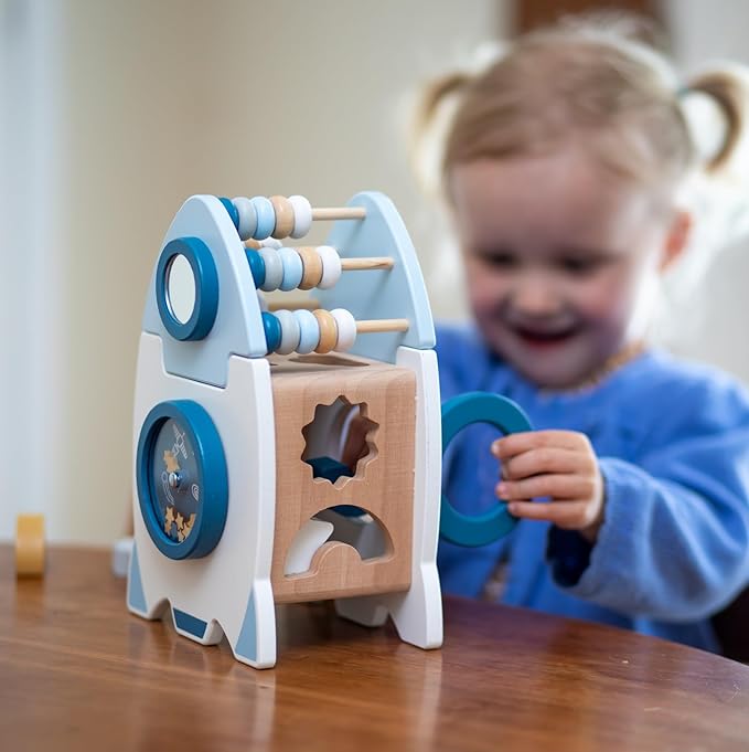 Wooden Space Toy for Baby, Montessori Toys for Babies, Toddler Rocket Toy, Sensory Activity Cube Learning Game, 1st Birthday Gift for Boys and Girls