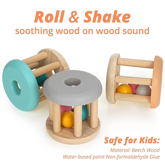 DUCKBOXX XX Montessori Infant Educational Toys, Natural Wood Rolling Rattle Toy, Early Learning Toy for Developing Fine Motor Skills and Color Recognition, for Ages 0m–2yrs (Burlywood Base - 3pcs)