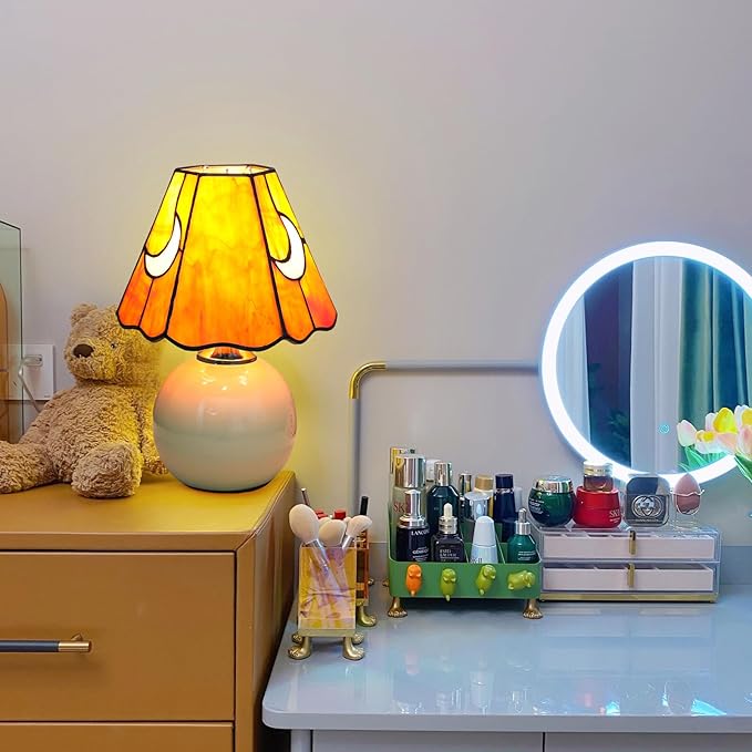 Mushroom Lamp Tiffany Stained Glass Moon lamp Cute Small Bedside Table Lamps for Living Room Home Decor,Girls Women Birthday Christmas Thanksgiving Day Gift,Orange