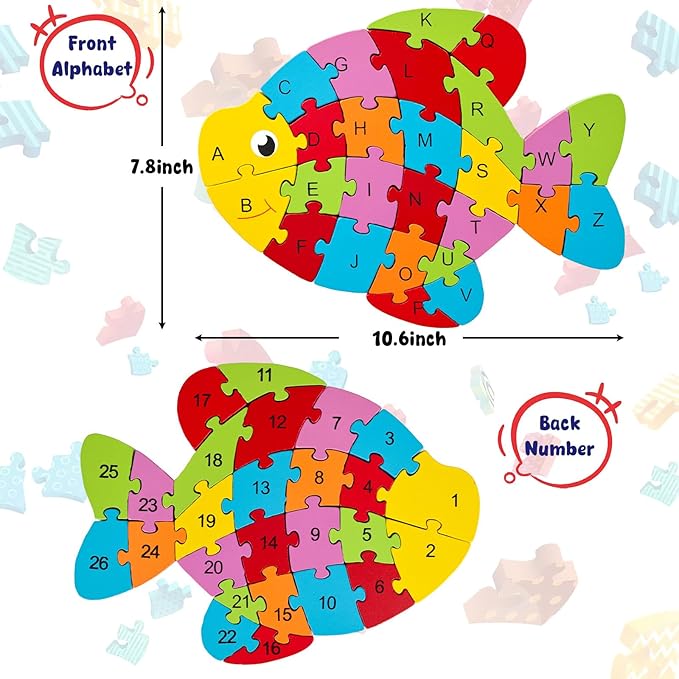 LovesTown Goldfish Wooden Puzzle for Kids, Alphabet and Number Jigsaw Puzzle Montessori Learning Blocks, Educational Preschool Toys for Toddlers, 26 PCS