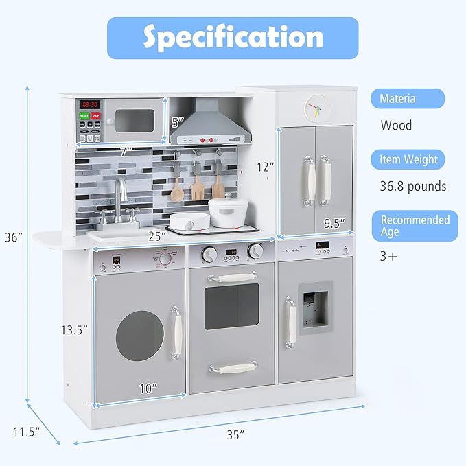 INFANS Kid Kitchen Playset, Toddler Wooden Pretend Cooking Set with Realistic Light & Sound, Stove, Sink, Microwave, Storage Cabinet, Play Kitchen Toy Set for Children Boys Girls (Grey)
