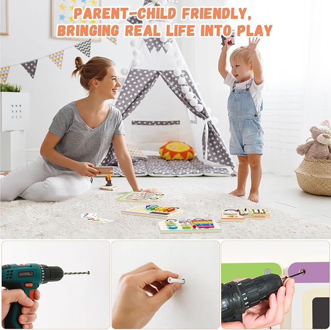 Montessori Sensory Board - Electric Train Wooden Wall Busy Board, Toddler Learning Panel Wall-Mounted, Educational Toys for 3-6 Years, Interactive Playroom/Daycare Activity Gifts for Boys Girls