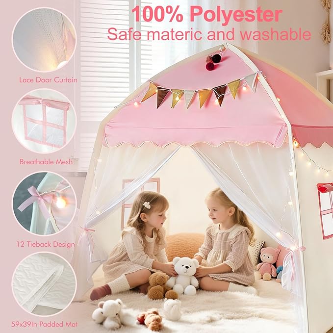 Kids Play Tent Indoor Teepee: Princess Castle Reading Nook with Mat Lights Carry Bag Mesh Windows Quick Setup for Bedroom Playroom Girls Ages 3-12 - 59x39x59 in