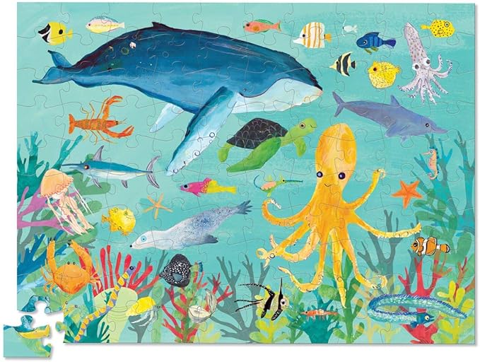 Crocodile Creek 100-Piece Jigsaw Puzzle for Kids Ages 5 and Up - Fun and Educational Table or Floor Puzzles - Storage Canister with Handle - Ocean Animals - 14” x 19” Finished