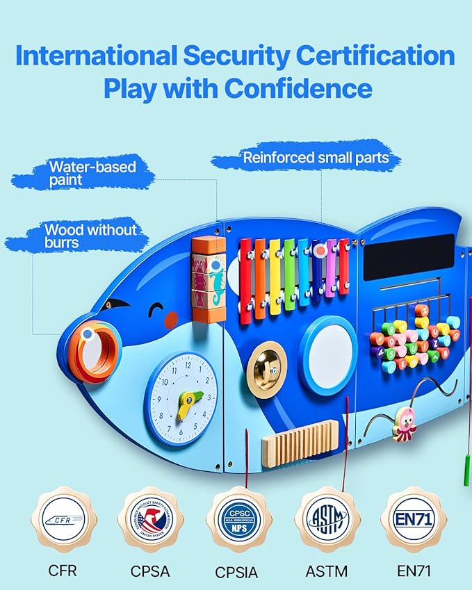 VEVOR Orca Activity Busy Board Wall, 12 Activities Board, Montessori Sensory Wall Panel for Kids 3-12 Years, Sensory Activity Panel, Ideal for Toddler Playroom Nursery Classroom