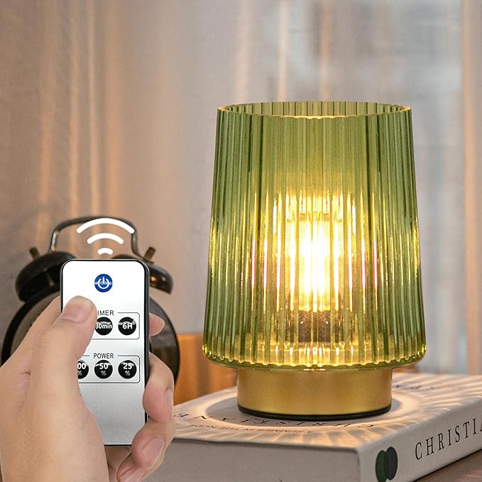 Dorm Battery Operated Lamp with Remote Control for New Home Decor,Cordless Dimmable Brightness Small Decorative Lamp with Timer for Shelf/Entryway/Corner/Patio/Small Spaces (Forest Green)