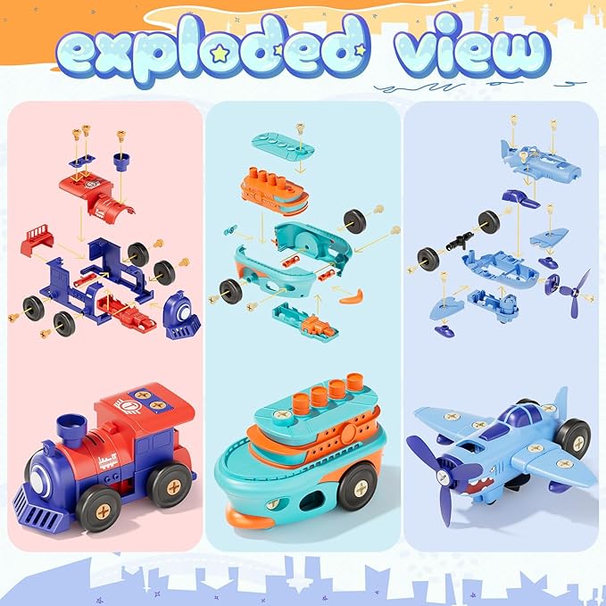 Take-Apart Electric Building Toys for kids ages 4-8, 5 Pcs Toys Cars Kids&toddler Tool Set with Motor & Electric Drill, STEM Educational building construction toys 3+ year old, Gift for Boys 3 4 5 6