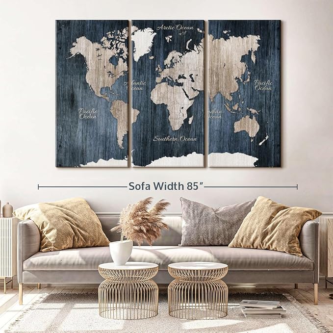 ElephantStock Aged Blue World Map I Canvas - 3 Panel Wall Decor - World Map Digital Art - Blue Wall Art - 74" X 48"