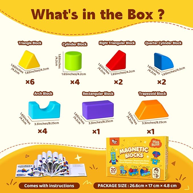 Multi-Shape Magnetic Blocks, Large Stacking & Building Blocks Set, Preschool Educational Sensory Magnet Toys for Kids Ages 3-5 Year Old Boys & Girls Toddlers(20pcs)