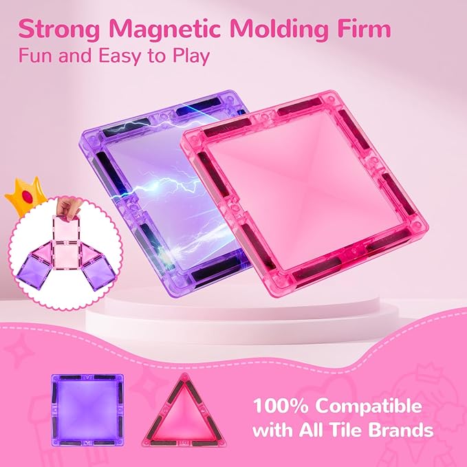 Diamond Magnetic Tiles Building Blocks – Princess Castle Pretend Play Toys with DIY Painting Set and Stickers for Kids 4 5 6 7 8 Year Old STEM Educational Birthday for Girls Boy