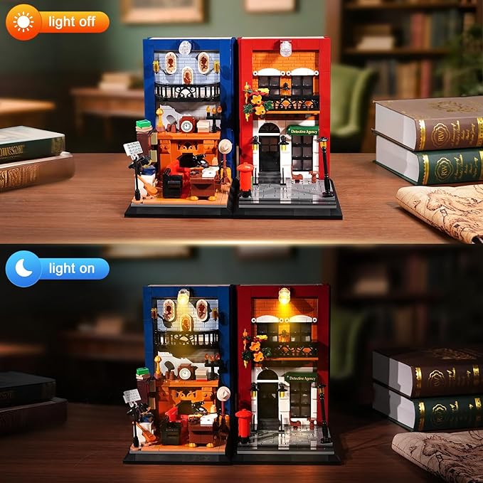 Detective Bookend Building Set with Lights, 1241 PCS Detective Agency Street House Building Block Kit for Home Decor Bookshelf, Collectible Mystery Bookstand Model for Adults Boys Girls Age 12+