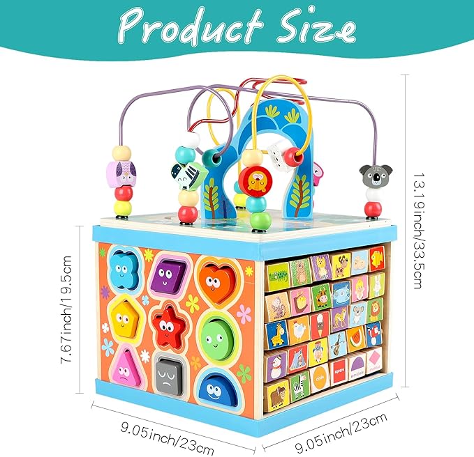 Qilay Wooden Activity Cube for Toddlers, 5 in 1 Multipurpose ABC-123 Abacus Early Educational Montessori Toys, Learning Toys for 3 Year Old | Bead Maze, Great for Boys Girls