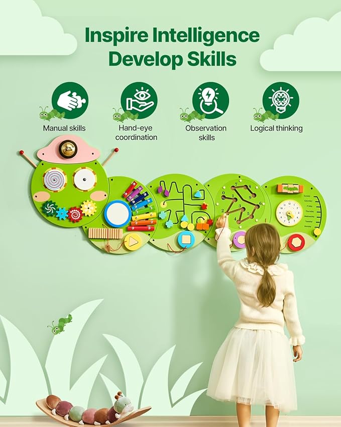 VEVOR Caterpillar Activity Wall Busy Board, 12 Activities Board, Montessori Sensory Panel for Kids 3-12 Years, Sensory Wall Activity Panel, Ideal for Toddler Playroom Nursery Classroom