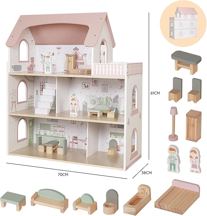 Wooden Pink Doll House for Girls with Balcony,DIY Pretend Dolls Play House Toy, Kids Dollhouses Toys with 12 PCS Furniture Accessories,Birthday Gifts for Boys Girls Ages 3+