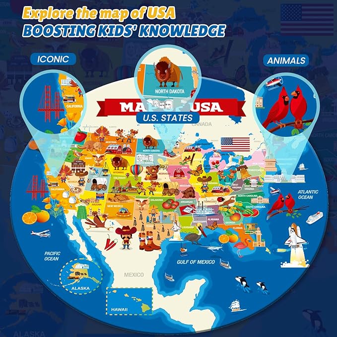 ELX 70 Piece Space Large Floor Puzzle for Kids Ages 5-8, Solar System Globe & USA Map Jigsaw Puzzles,Double-Sided Planet Round Puzzle for Toddlers,Geography Educational Toys for Boys&Girls (22.5 Inch)