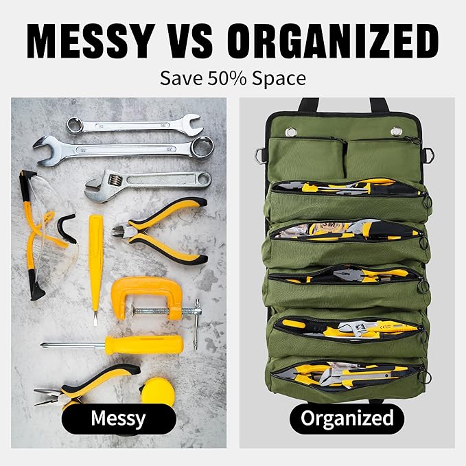 Portable Foldable Roll-Up Waterproof Tool Bag Organizer with 5 Compartments & 2 Detachable Pouches, Heavy-Duty Tool Pouch Bag, Dad Men Electrician Mechanic Gifts (Army green)