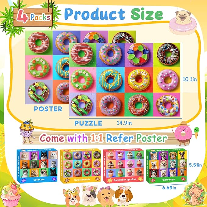 4 Packs 100 Piece Puzzles for Kids Ages 4-6 6-8 8-10, Dogs Cats Cupcakes Donuts Educational Jigsaw Puzzles, Kids Puzzles 4-6 Gifts for Girls Boys