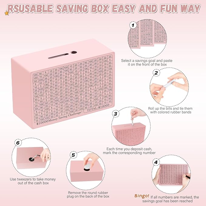 Wooden Cash Savings Box with Counter, Vault Bank for $10000 $5000 $3000 $1000 $800 $500 Target Money Challenge, Reusable Money Box with Dry Erase Pen/Savings Trackers/Rubber Band-Pink