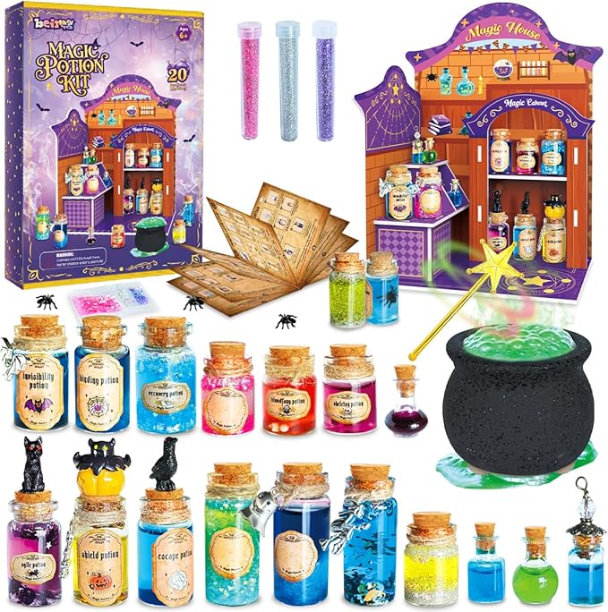 BEIREG Magic Potion Kits for Kids, Potion Making Kit with 20 Magic Mixed Potion Bottles & Witches Cauldron, Mystery House Craft for Christmas Halloween Crafts Gifts for Kids Girls 6 7 8 9 10+