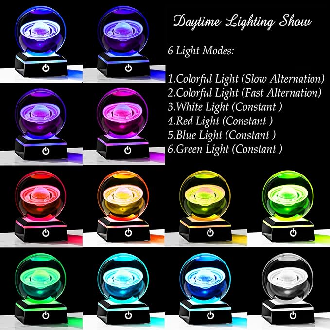 Qianwei 3D Saturn Crystal Ball Night Light Laser Engraved Glass Planet Sphere Gifts Crystal Solar System Saturn Model Decor Space Astronomy Gift for Kids