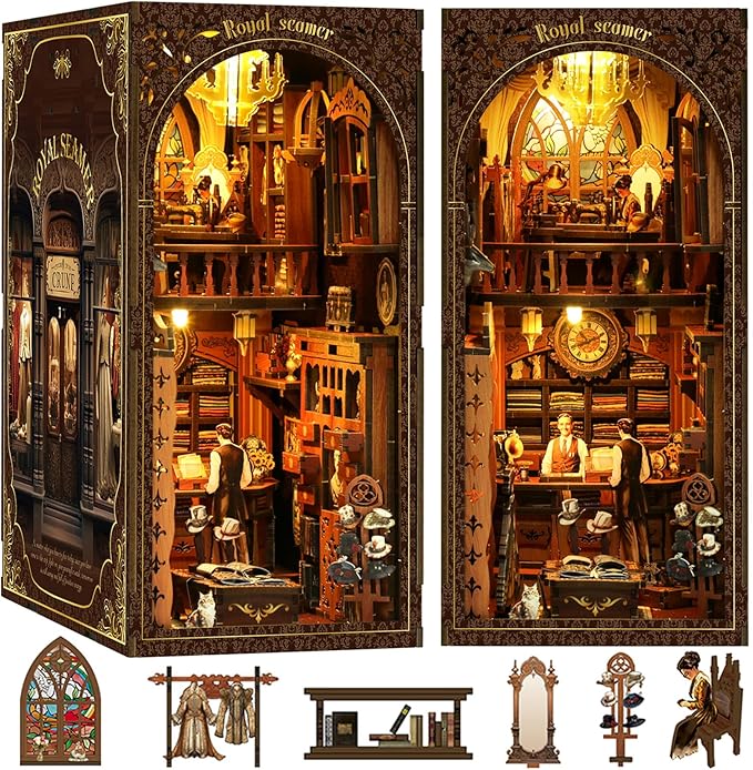 [2025 New Royal Seamer Book Nook Kit with Dust Cover & LED Light, DIY Miniature House Kit Toy, 3D Wooden Puzzle Bookshelf Decor Building Kit, Birthday Gifts for Family & Friends
