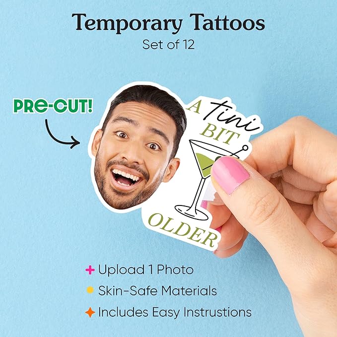 Big Dot of Happiness Custom Photo A Tini Bit Older - Martini and Cocktail Birthday Party Favors - Fun Face Temporary Tattoos - Set of 12