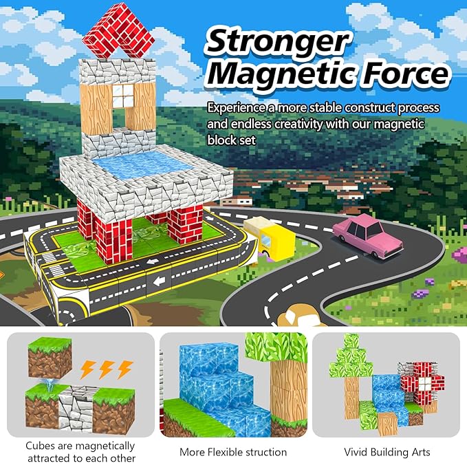 Magnetic Building Blocks for Kids Ages 4-8, Magnetic Cubes, Magnet STEM Sensory Toys-Tiles Road Track, Magnet World Build Set, Christmas Birthday Gifts Toy for Girls & Boys 3+ Ages