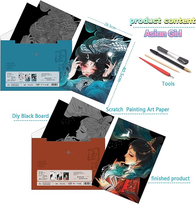Scratch Rainbow Painting Art Paper,Scratch & Sketch Art for Kids & Adults,Scratch Painting Creative Gift Art & Craft Set,Sketch Pad DIY Scratchboard with 4 Tools,16''x11''(Asian Girl)