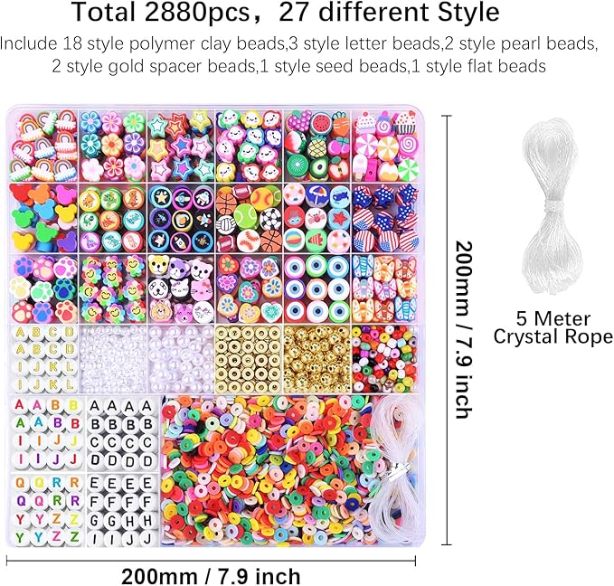 2880pcs Polymer Clay Beads Bracelet Making kit,Cute Fun Beads Sport Ball Fruit Flower Animal Cake Butterfly Heart Beads Charms for Jewelry Necklace Earring Making DIY Accessories for Children Girls