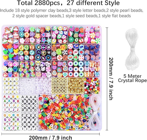 2880pcs Polymer Clay Beads Bracelet Making kit,Cute Fun Beads Sport Ball Fruit Flower Animal Cake Butterfly Heart Beads Charms for Jewelry Necklace Earring Making DIY Accessories for Children Girls