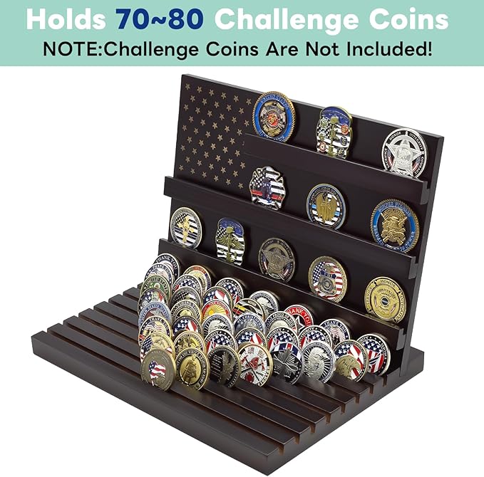PiaoHao Challenge Coin Display Stand Military Coin Holder Wooden Rack Holds 80 Coins (Black)