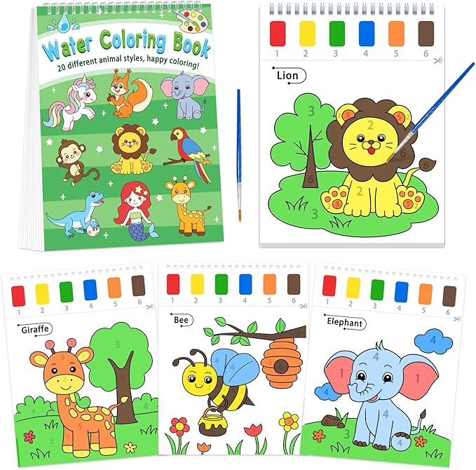 Paint with Water Coloring Books for Toddlers, Animal Theme Mess Free Watercolor Painting Papers for Kids Travel Coloring Kit with 2 Brushes Art Craft Birthday Gift