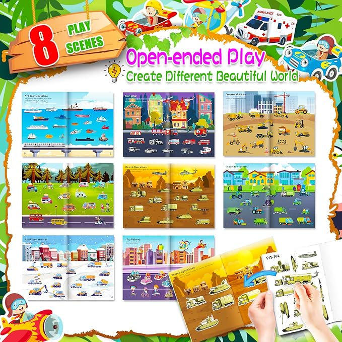 Sticker Book for Kids, 230+ Dinosaur & 134+ Vehicle Stickers & 16 Scenes, Reusable Activity Sheet, Seek and Find Sticker Coloring Pad, for Boys Girls Toddlers Ages 2-4 4-8 Years Old 3-5 6-7