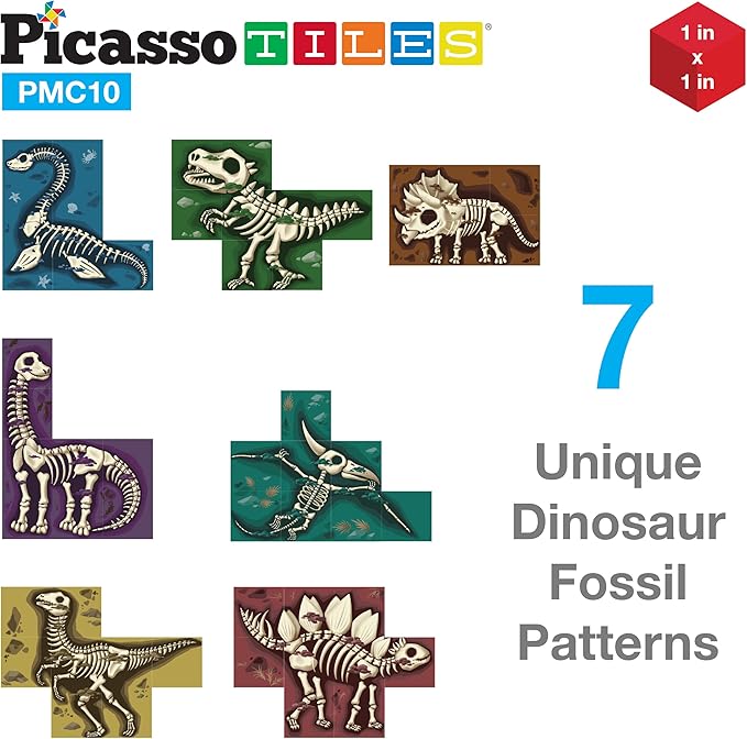 PicassoTiles Magnetic Cube Puzzle 7-in-1 Dinosaur Theme Pattern Magnet Mix Match Building Cubes Toy Set Kids Ages 3 & Up Preschool Children Promote Problem Solving Skills PMC10